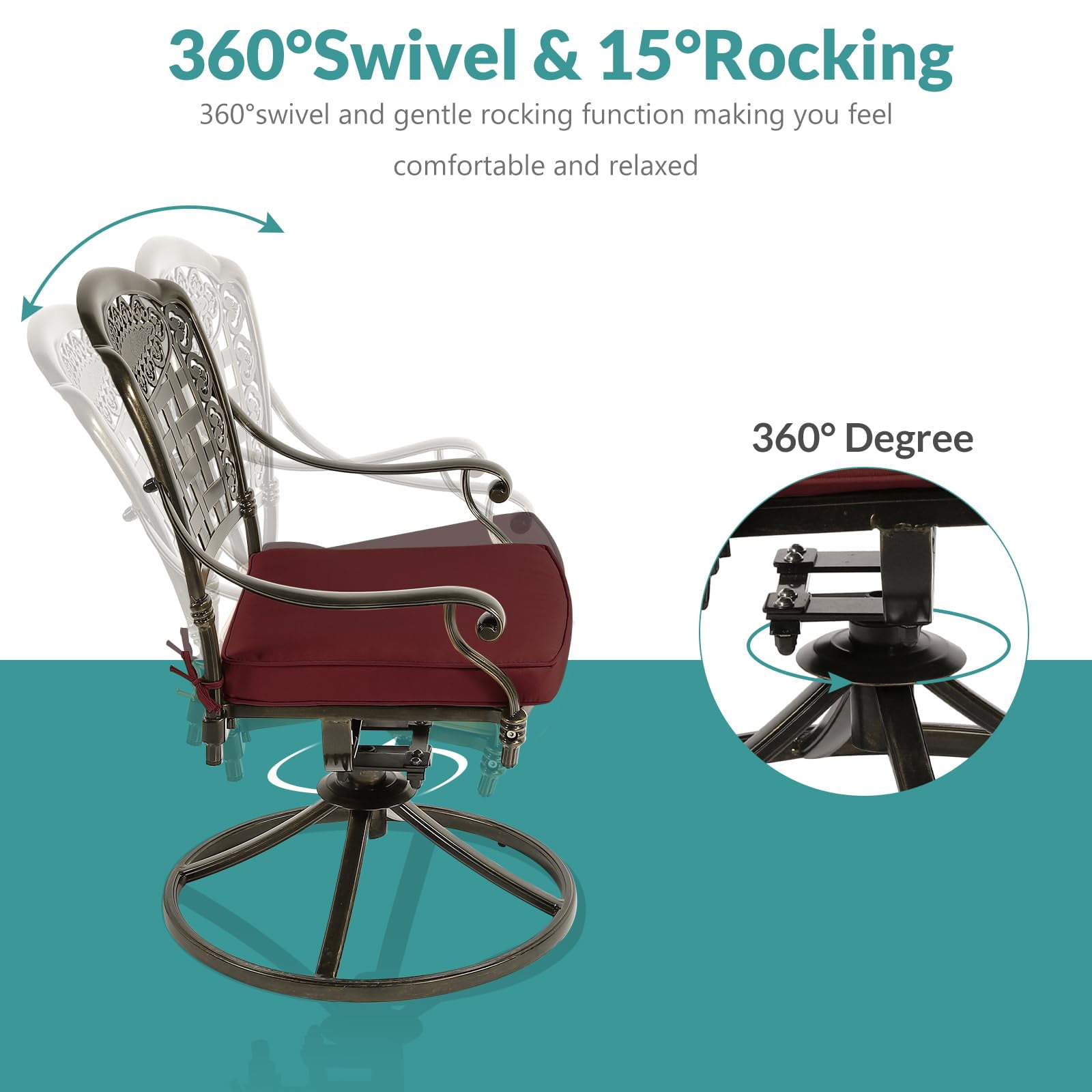 MEETWARM 2 Piece Patio Dinning Swivel Chairs Rocker, Outdoor All-Weather Cast Aluminum Chairs with Cushions, Patio Bistro Dining Chair Set for Garden Deck Backyard, Chili Red