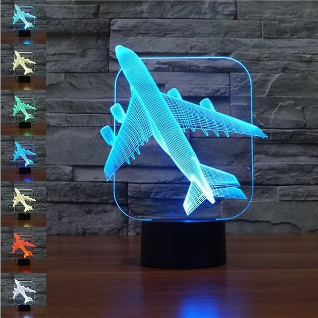 3d Avión Avión Luz nocturna 7 Cambio de color Lámpara de escritorio de mesa LED Acrílico Plano Abs Base Cargador USB Decoración del hogar Juguete Brithday Navidad Niño Niños Regalo Feliz Sencillez