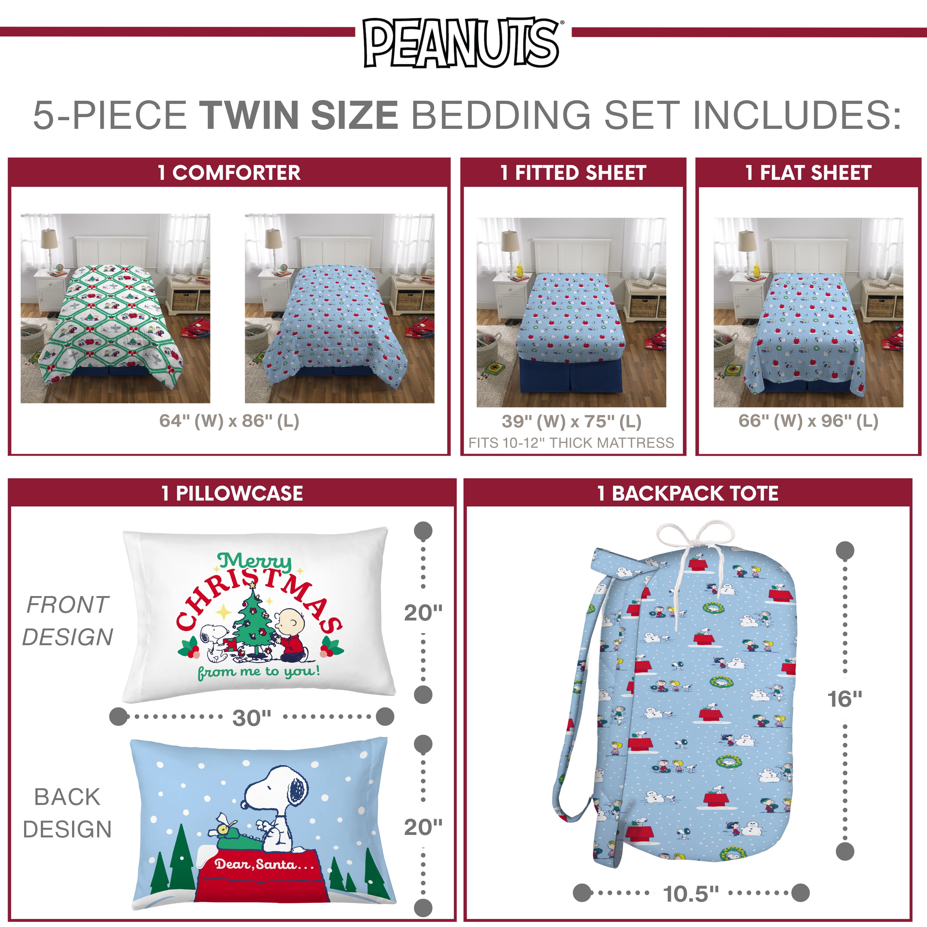 Peanuts Snoopy Holiday Kids 6 Piece Reversible Comforter, Bed in a Bag, Twin