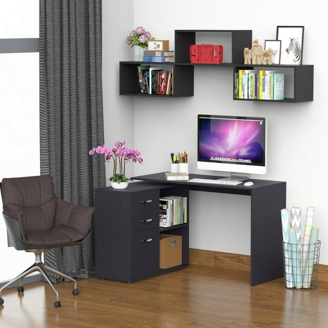 YYAO Bureau d'Angle en L avec Étagère de Rangement, Poste de Travail pour Ordinateur de Bureau, Noir