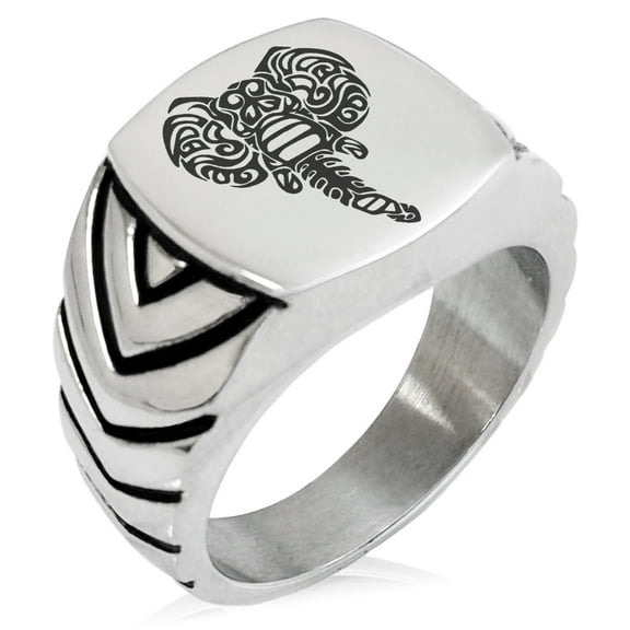 Stainless Steel Juggernaut Elephant Chevron Pattern Biker Style Polished Ring