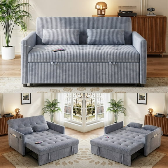 Loveseat Sleeper Sofa,Convertible Sofa Bed,3-in-1 Modern Couch with Pull Out Bed,Sofa Bed with Pockets and USB for Small Spaces,Grey