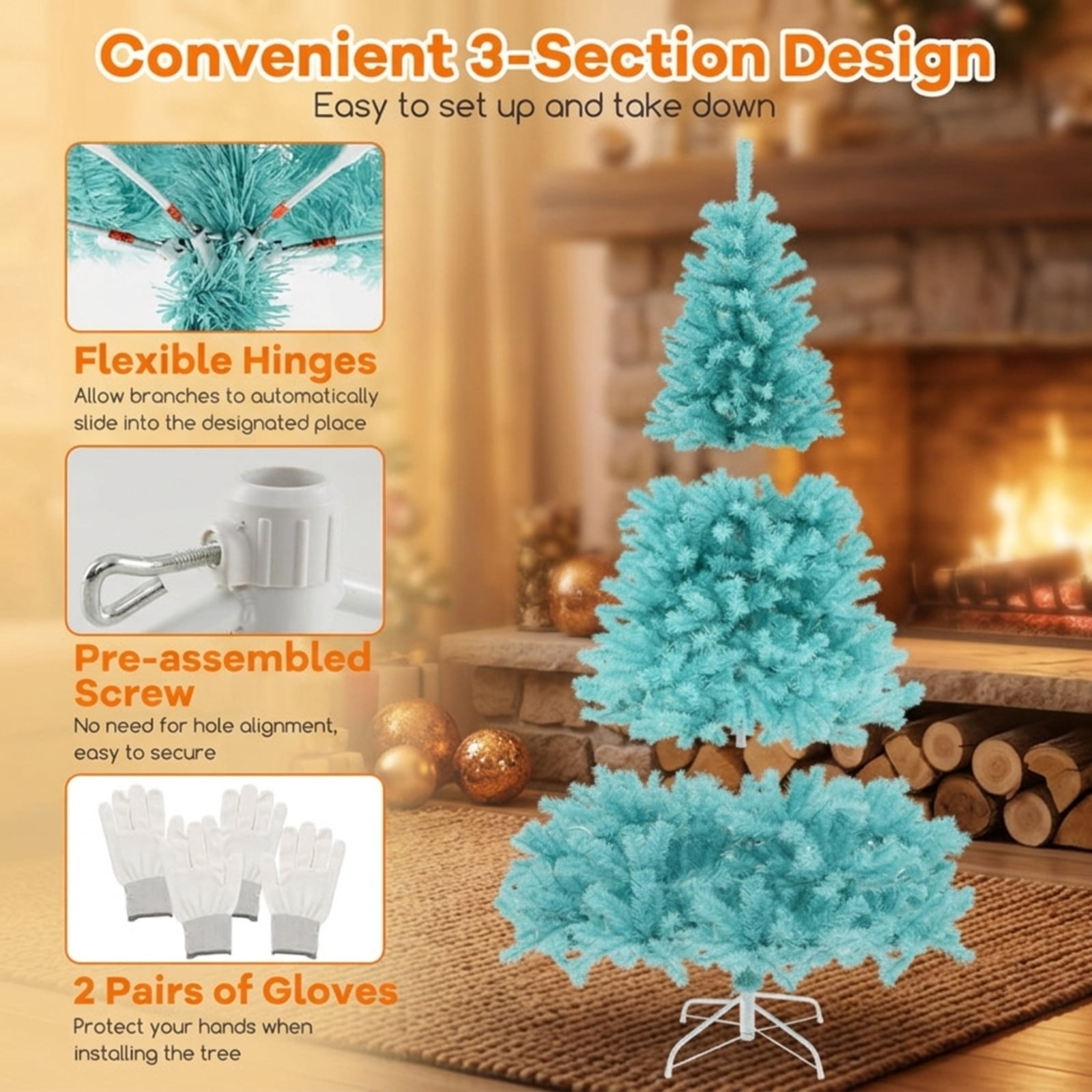 RUIE 7 ft Blue Christmas Tree, Pre-Lit Artificial Xmas Tree with 380 LED Lights, 1040 Branch Tips and Foldable Metal Stand