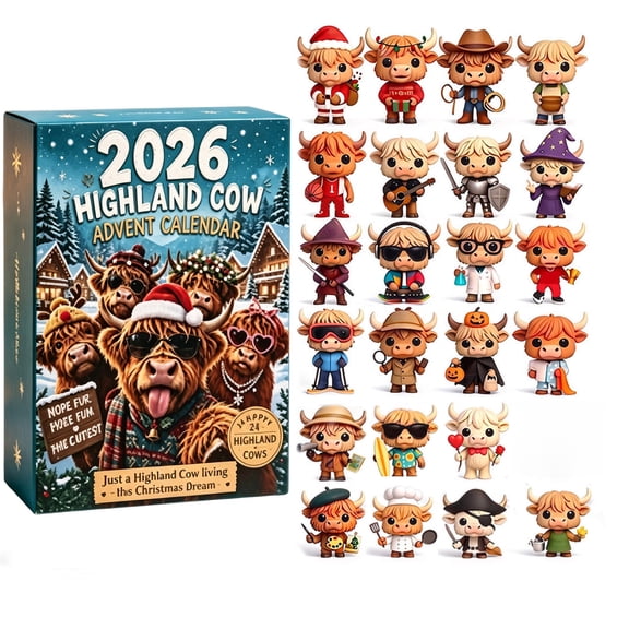 2026 Highland Cattle Advent Calendar with 3D Figurine Decorations, for Home, Office, Classroom Display and Christmas Gift Giving