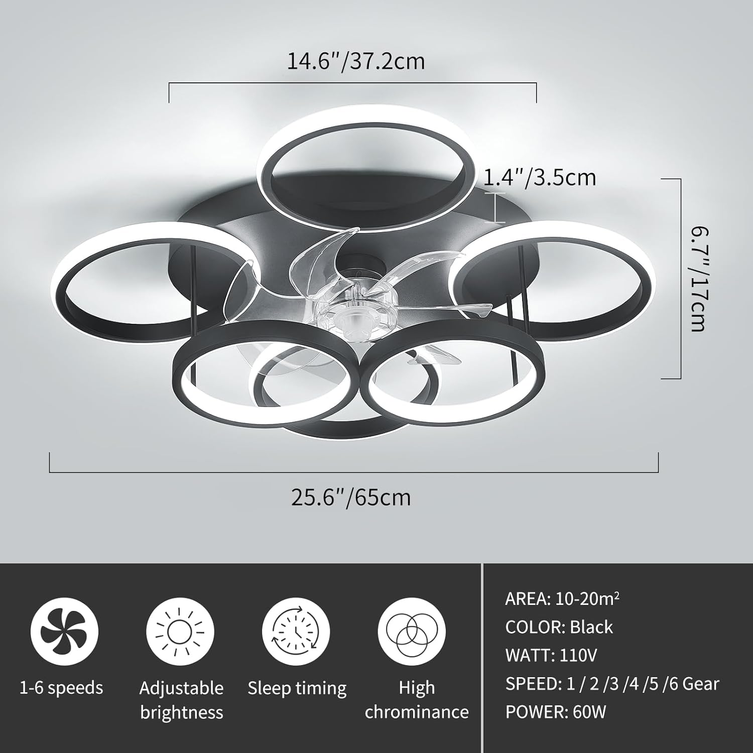 Garwarm Ceiling Fans with Lights, Modern Ceiling Fan with Lights Remote Control, Low Profile Ceiling Fan, 6 Speed Dimmable LED Ceiling Lamp for Bedroom, Kitchen, Black