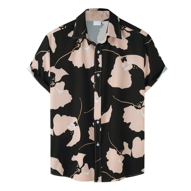 Camisas Vaqueras Para Hombre Manga Larga Camisa de solapa de manga corta con estampado suelto de moda de verano para hombre (Black, M)