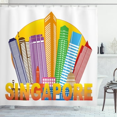 Singapore Shower Curtain, Colorful Skyline Design with Big Typography Famous Destination Tourist Attraction, Fabric Bathroom Set with Hooks, 69W X 84L Inches Extra Long, Multicolor, by Ambesonne