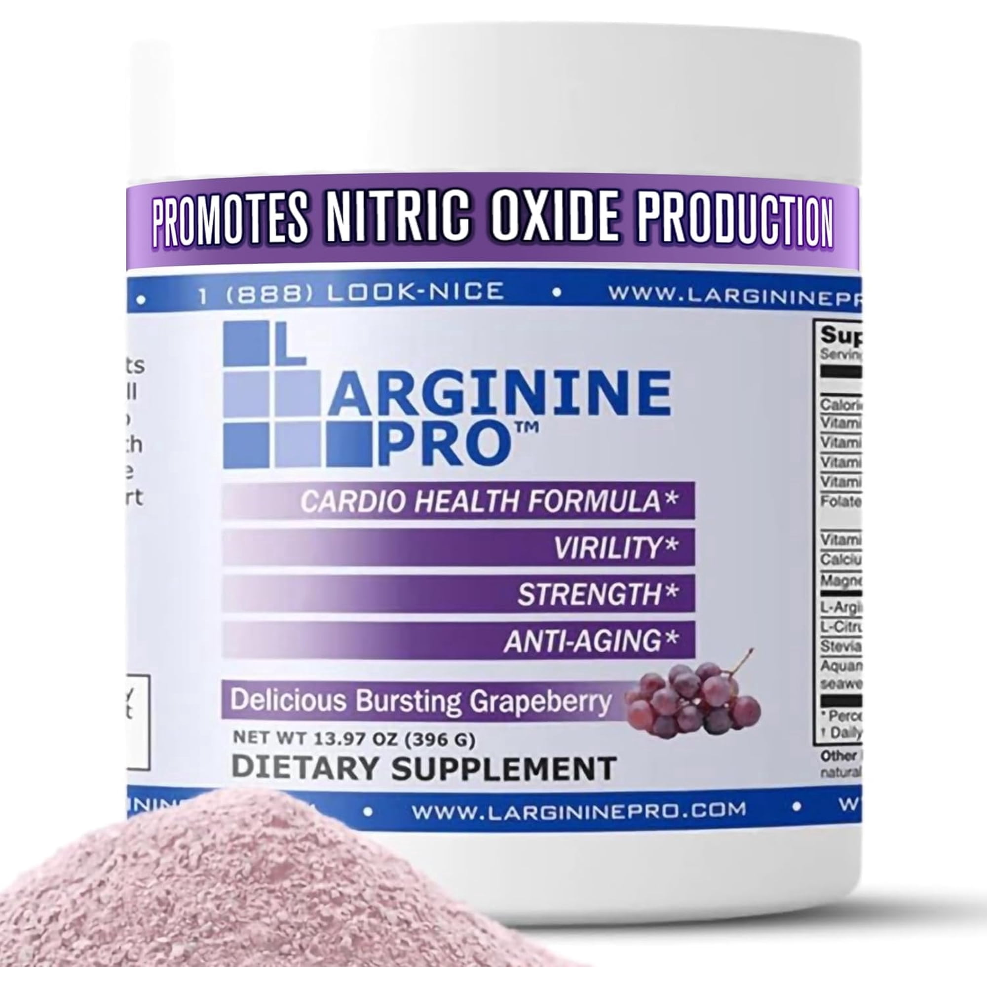L-Arginine Pro Nitric Oxide Booster - 5500mg L-Arginine, 1100mg L-Citrulline Cardio Health, Grapeberry, 1 Jar