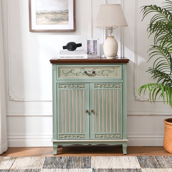 Ahokua Vintage Accent Cabinet with Floral Carved Doors, Drawer and 1 Adjustable Shelf, Sage Green