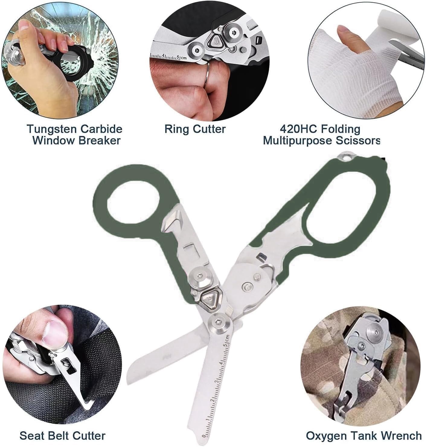 Trauma Shears, 6-in-1 Emergency Response Shears equipped with a Protective Sheath, Medical Scissors （army green)）
