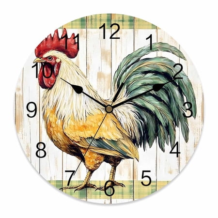 Wall Clock 14 inch Vintage Rooster Battery Operated Clocks Silent Non-Ticking Wallclock Green White Wood Grain Round Decorative Wall Clocks for Home Office School