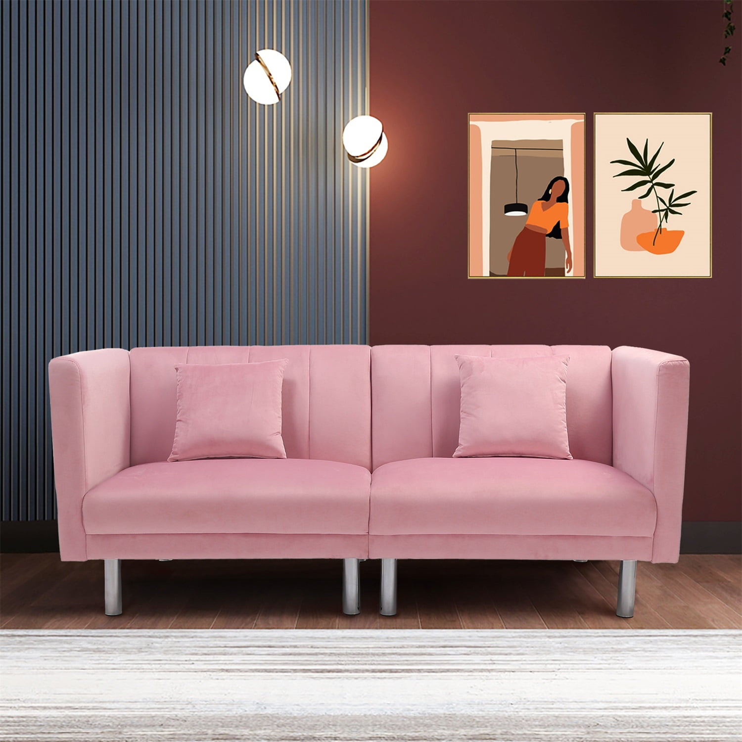 Kadyn Futon Sofa, Fabric Futon Sofa Bed with 2 Pillows, Modern Convertible Futon Sofa for Small Rooms, Pink Kadyn Futon Sofa, Fabric Futon Sofa Bed with 2 Pillows, Modern Convertible Futon Sofa for Small Rooms, Pink
