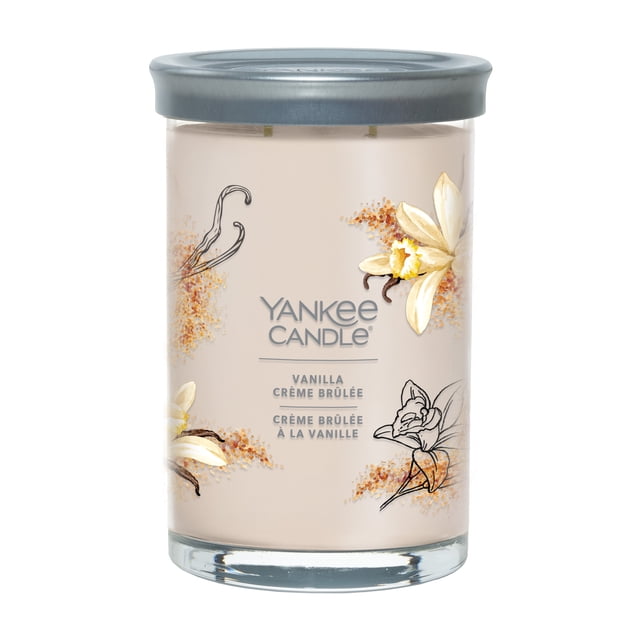 Yankee Candle Signature Large Tumbler scented candle in Vanilla Crème Brûlée fragrance, featuring floral and vanilla bean designs on the glass.