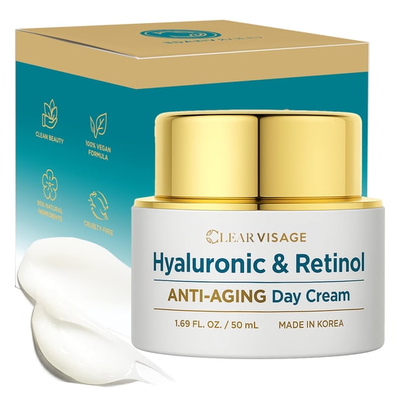 Clear Visage Hyaluronic Acid Moisturizer - Dermatologist Tested - Retinol Anti Aging Face Cream - Ultra Hydrating, Plumps & Smooths Skin, Fine Lines & Wrinkles Treatment -Clean Beauty Korean Skincare