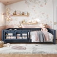 thumbnail image 2 of Bellemave Twin Size Floor Bed with Bookshelf, Wood Montessori Beds with Slats and Safety Guardrail, Low Profile Twin Bed Frame with Fence, No Box Spring Needed (Blue), 2 of 9