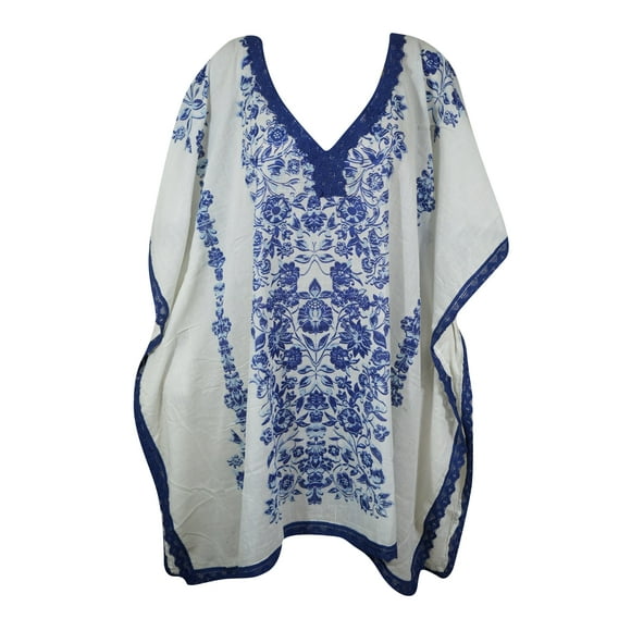 Mogul Summer Beach Kaftan Blue White Floral Print Caftan S/M