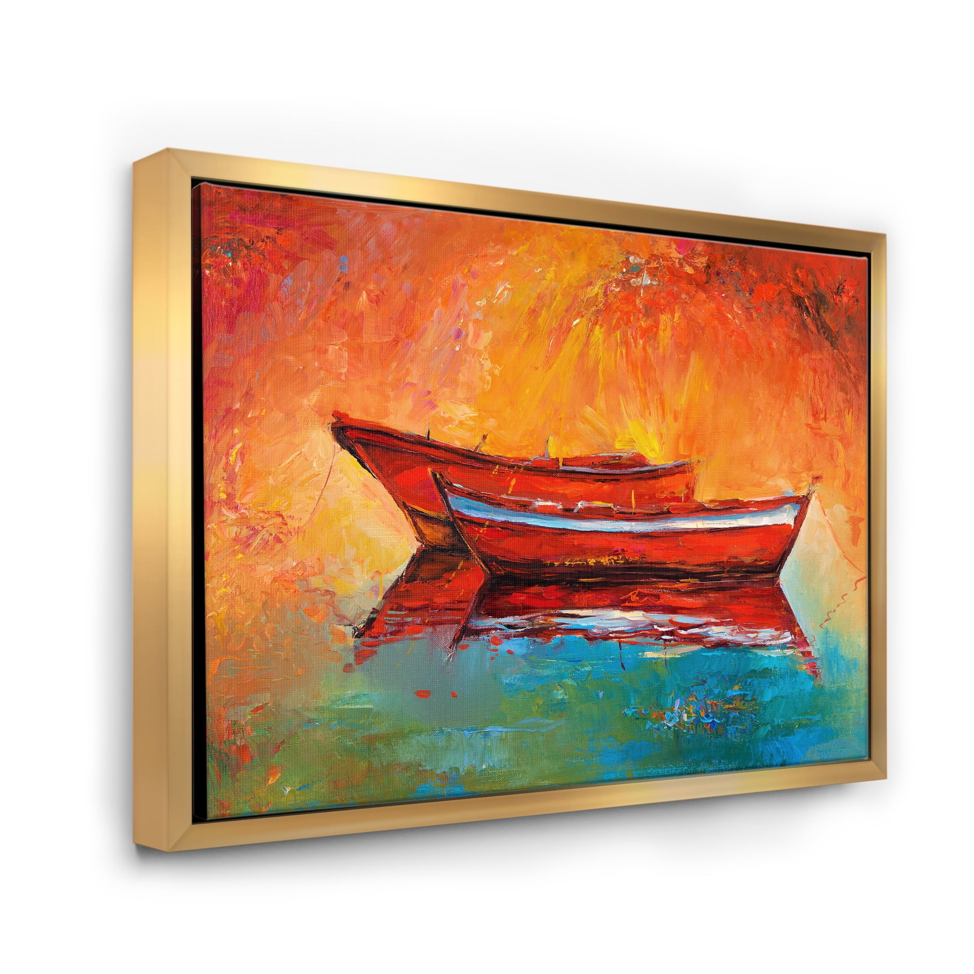 Designart 'Two Red Boats During Sunset In Lake' Nautical & Coastal Framed Canvas Wall Art Print