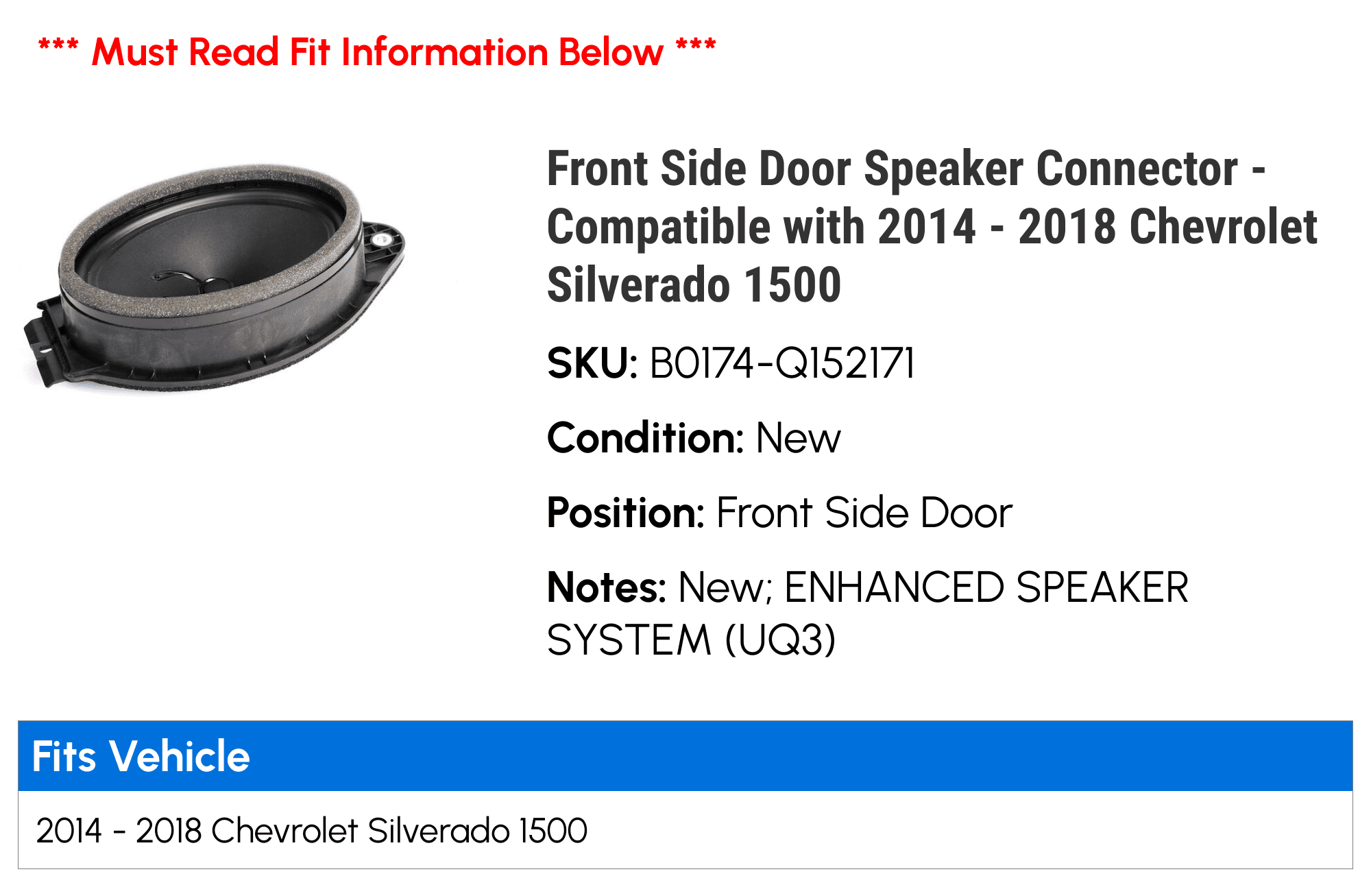 Front Side Door Speaker Connector - Compatible with 2014 - 2018 Chevy Silverado 1500 2015 2016 2017