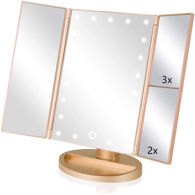 Infitrans Trifold Makeup Mirror Vanity Mirror with Lights,1X 2X 3X Magnification,Touch Screen,180 Adjustable Rotation,Portable Travel Bathroom Cosmetic Mirror