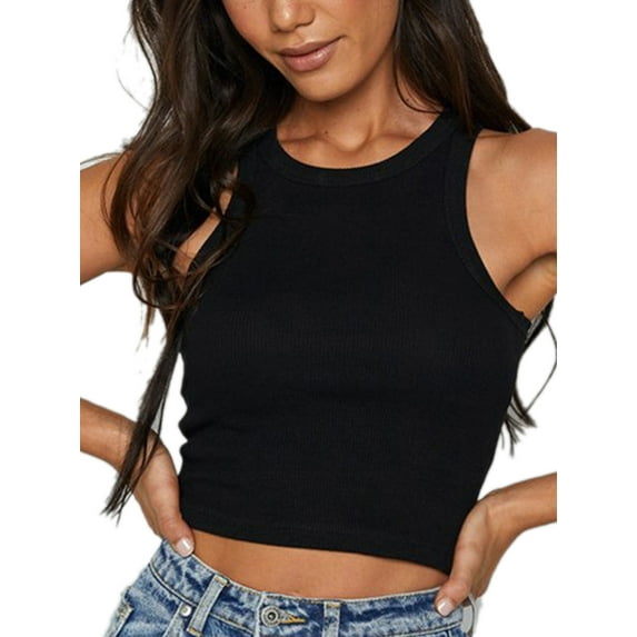 Liacowi Women Casual Solid Color Vest, Round Collar Sleeveless Crop Top