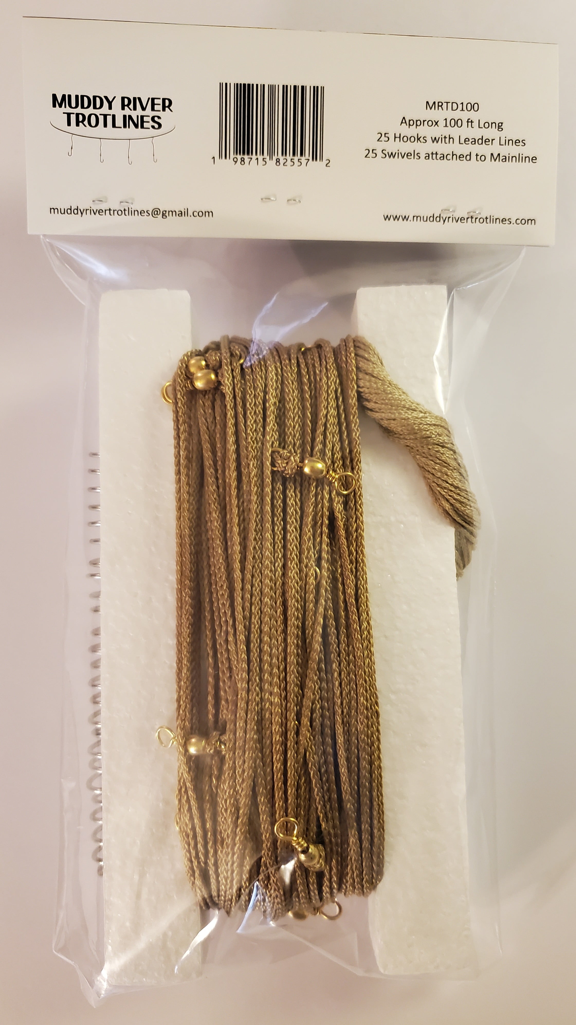 Muddy River Trotlines; Complete Trotline kit Includes: Mainline pre-Rigged with Swivels, Leader Lines and Hooks. MRTD100