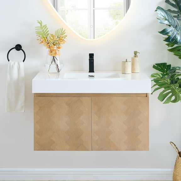 Siena 36" Wall-mounted Wood Vanity in Light Brown Artificial SInk no Mirror