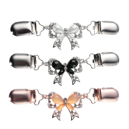 

3pcs Sweater Chain Creative Crystal Bowknot Sweater Clips Cardigan Clip for Dress Clothes (White Black and Rose Gold)