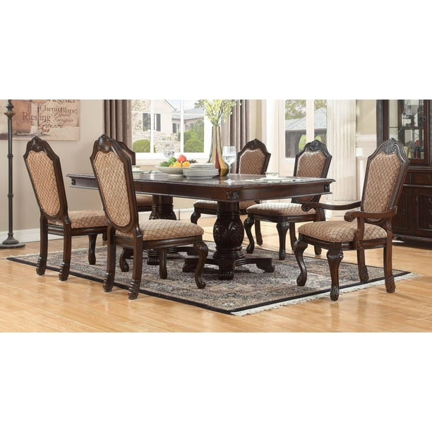 Traditional Cherry Finish Beige Chenille Dining Table Set 8 Pcs Mcferran D5006 Com Beige Chenille Dining Table, Traditional Dining Room Table And Chairs