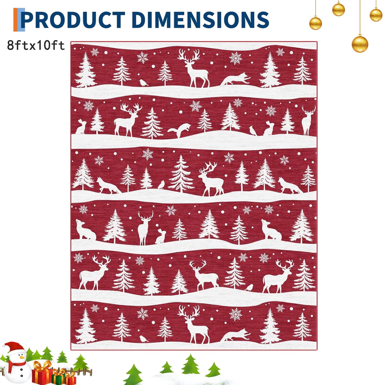 Garvee 8x10 ft Christmas Rug, Washable Non Slip Low Pile Carpet, Xmas Tree Reindeer Snowflake Indoor Rug for Entryway, Kitchen, Living Room, Red