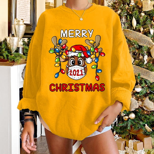 Pntutb Otoño e Invierno Mujer Navidad Impreso Jersey O-cuello Manga larga Blusa sólida tops Sudaderas Pntutb Pntutb-3552