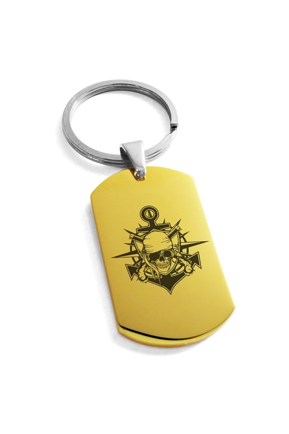 Stainless Steel Pirate Bandit Skull Anchor Engraved Dog Tag Keychain Keyring