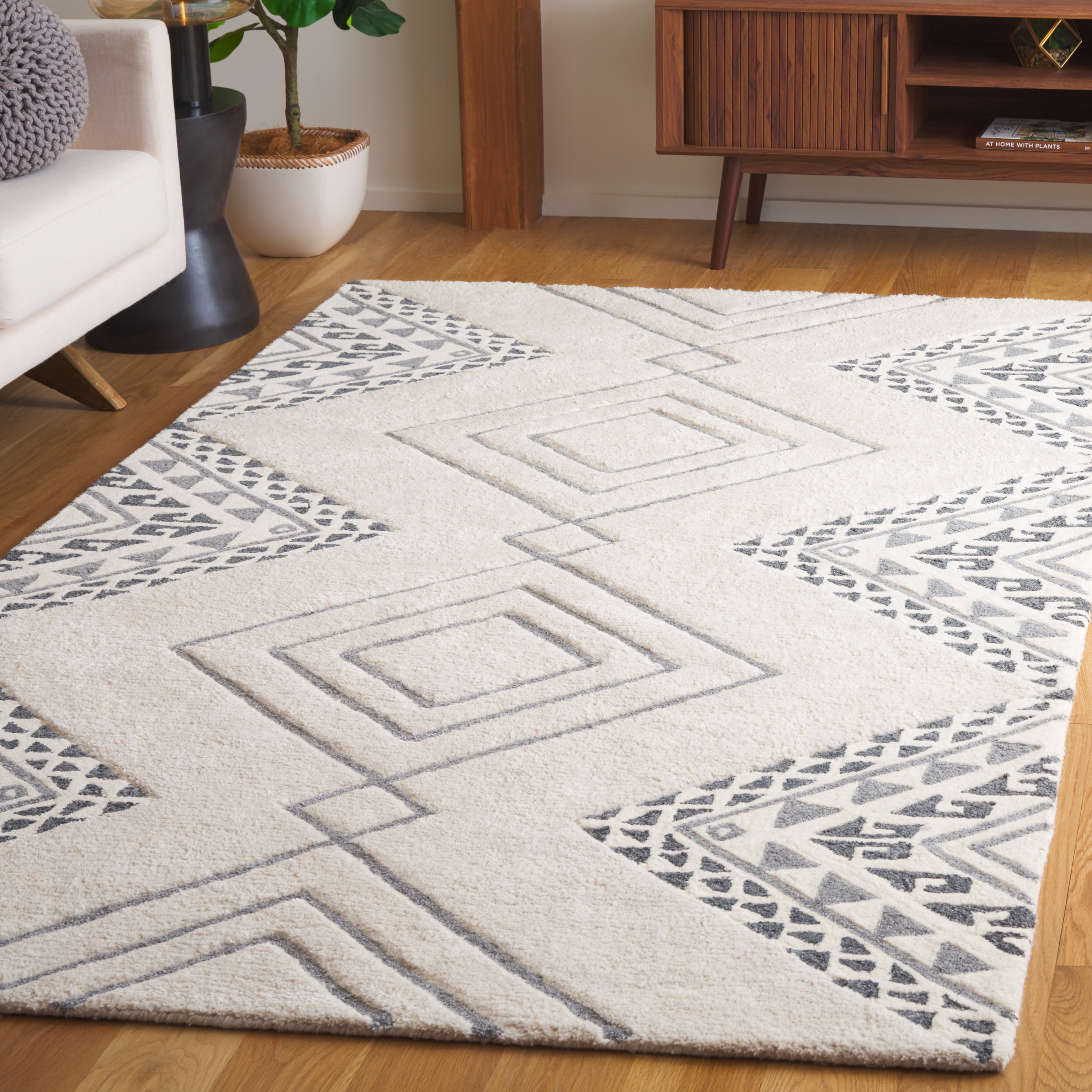 SAFAVIEH Casablanca Jannine Geometric Shag Area Rug, Ivory/Grey, 10' x 14'
