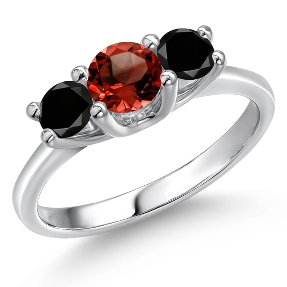 Gem Stone King 14K White Gold Red Garnet & Black Diamond 3-Stone Engagement Ring | 1.09 Cttw | Round 5MM and 4MM | Three Stone Wedding Anniversary Promise Ring for Women (Size 7)