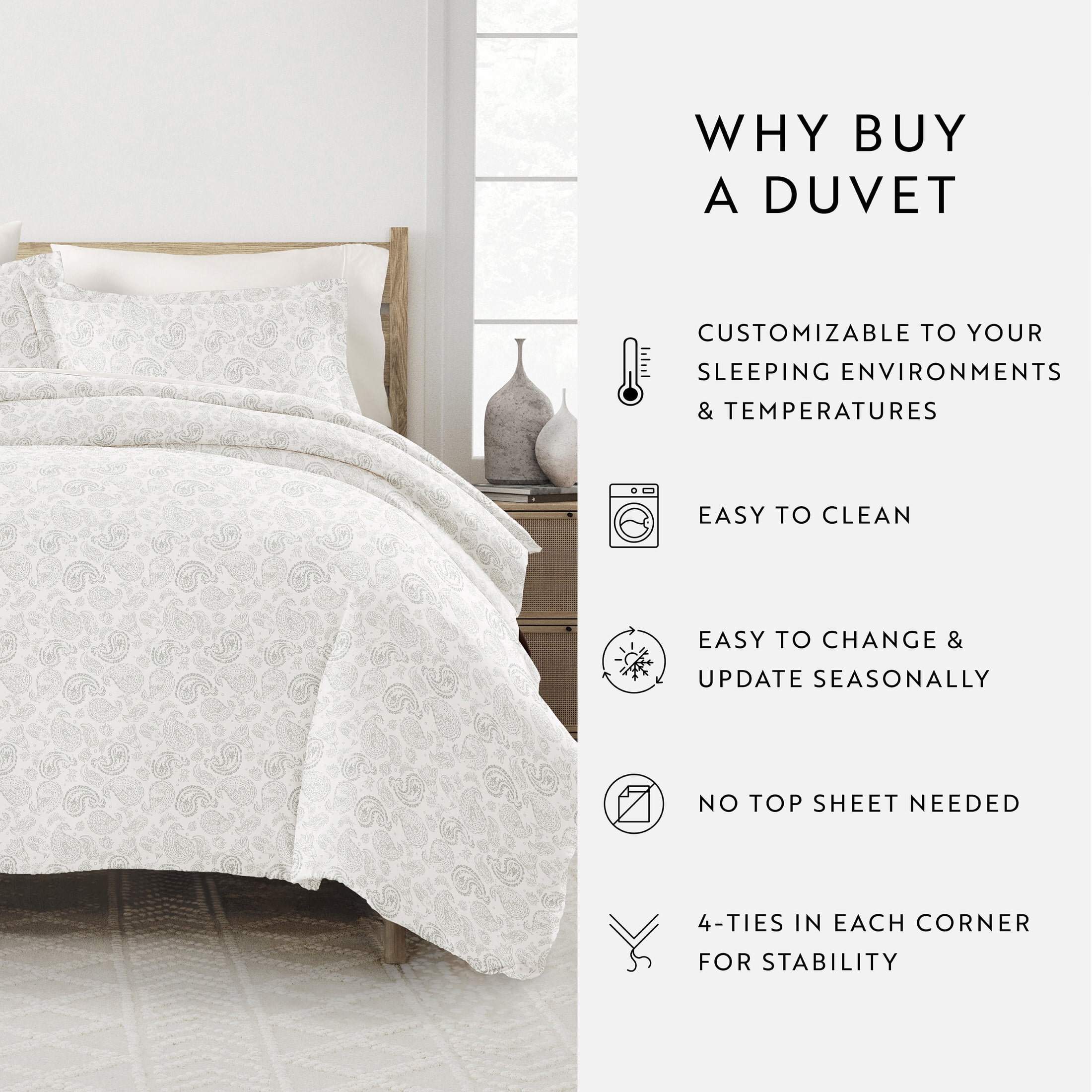 Noble Linens Light Gray Coarse Paisley Print Duvet Set 3-Piece Duvet Cover Set, Full/Queen