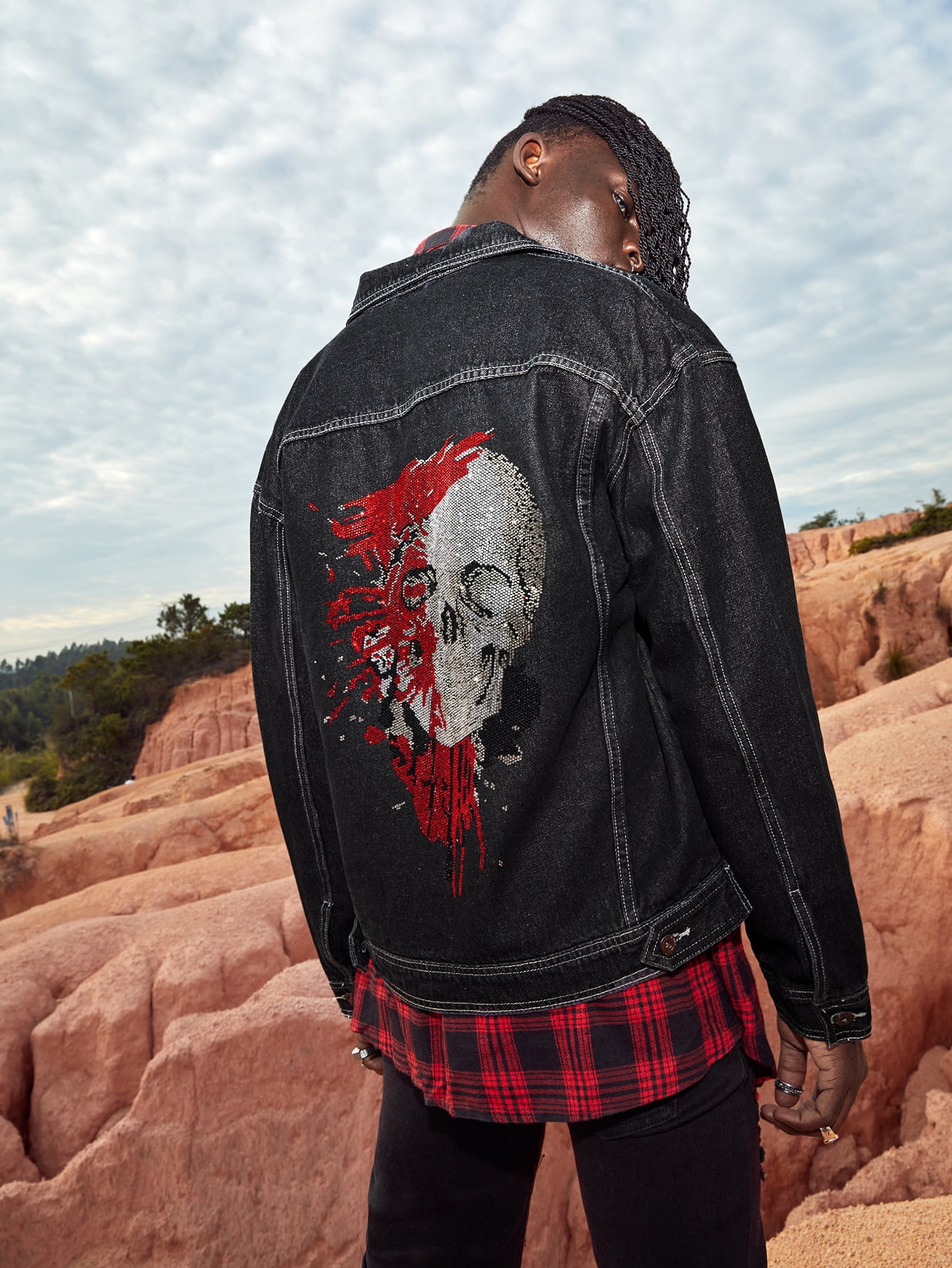 Black Street Men Skeleton Print Denim 