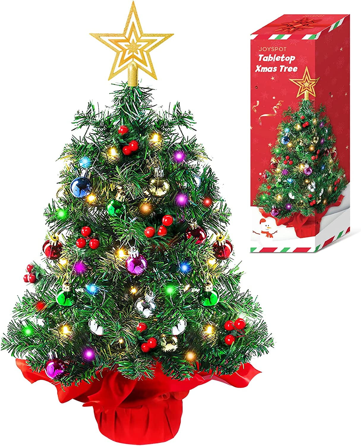 24 Inch Tabletop Christmas Tree, Mini Artificial Christmas Tree with 60