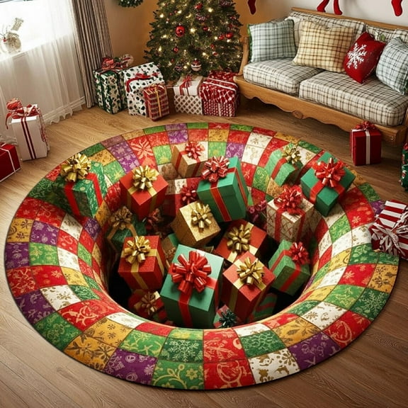 3D Vision Christmas Rug Christmas Optical Carpet, Circular Vortex Rug, Decorative Deep-pile Rug, Fun Non Mat, Suitable for Living Rooms Bedroom