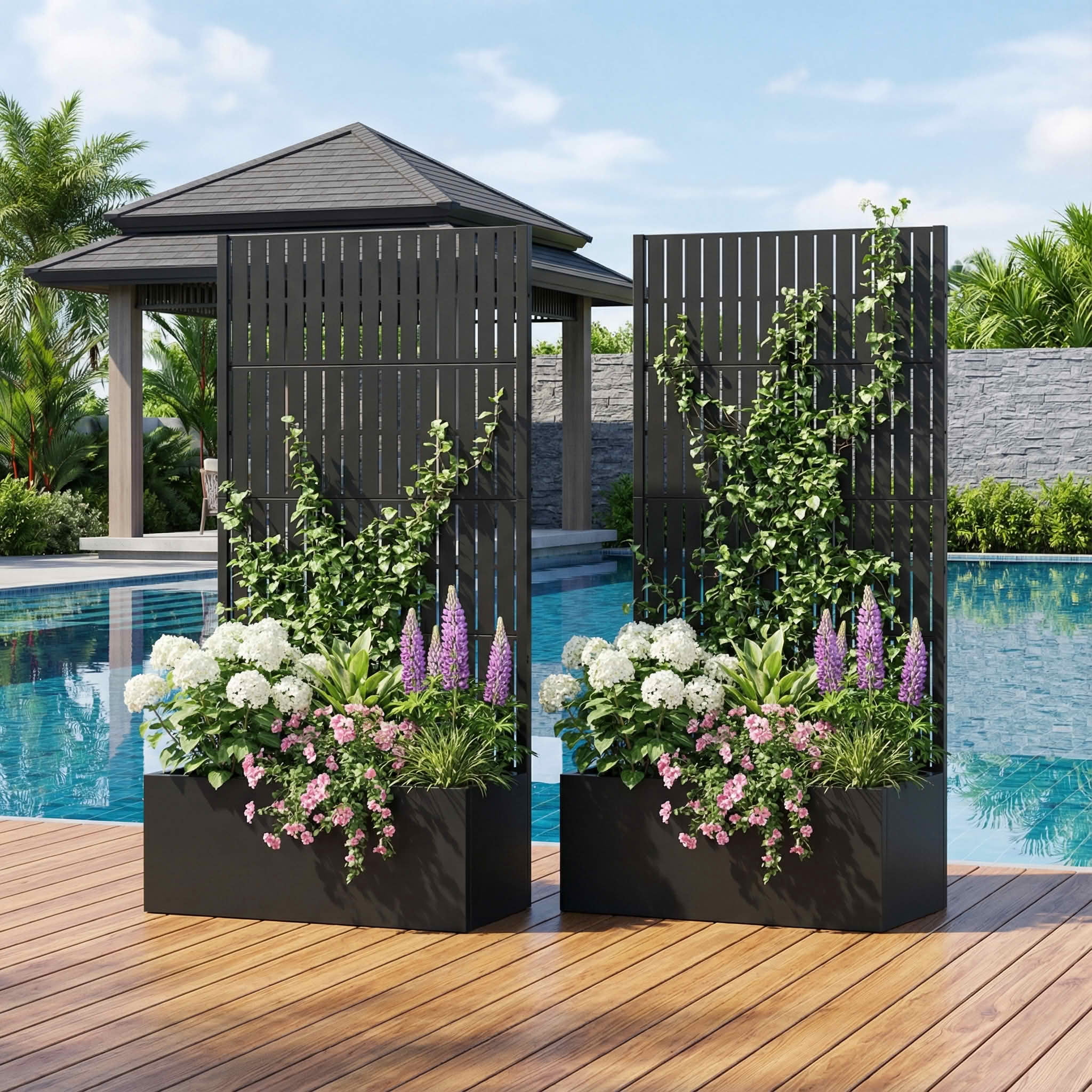 MAYEERTY 59X30" Metal Outdoor Black Privacy Screen with Planter Box for Backyard & Garden, 4 Piece Set, Double‑sided Installation