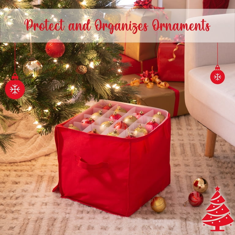 Simplify Large Ornament Storage Box - Holds 64 Christmas Ornaments, 12x12x12 Inches, Red With Handles
