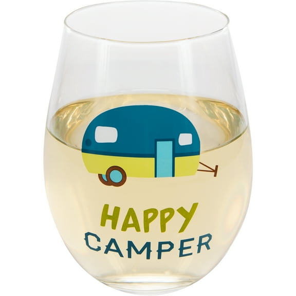 Pavilion Gift Company 18 Oz Stemless Wine Glass Happy Camper, Green
