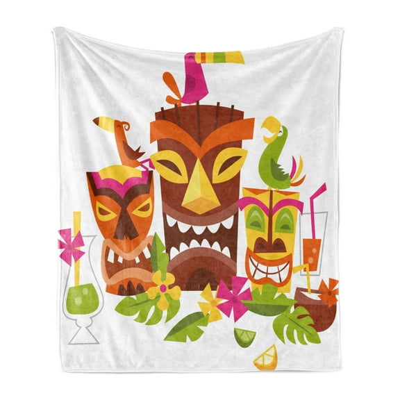 Luau Soft Flannel Fleece Throw Blanket, 3 Grimacing Tiki Party Surrounded by Leaves Drinks and Happy Toucan Birds, Cozy Plush for Indoor and Outdoor Use, 70" x 90", Multicolor, by Ambesonne