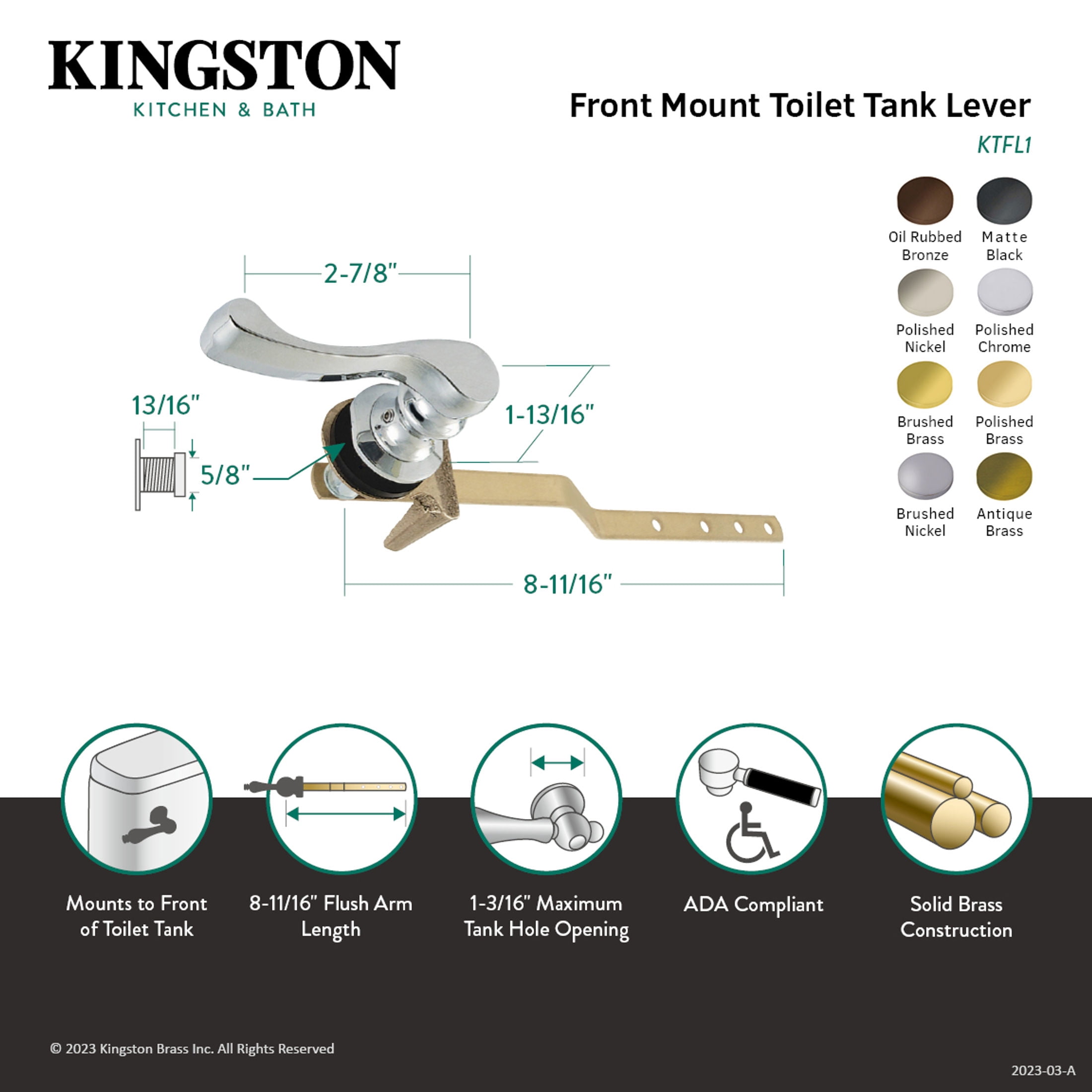 Kingston Brass KTFL6 French Front Mount Toilet Tank Lever, Left/Right Installation in Polished Nickel