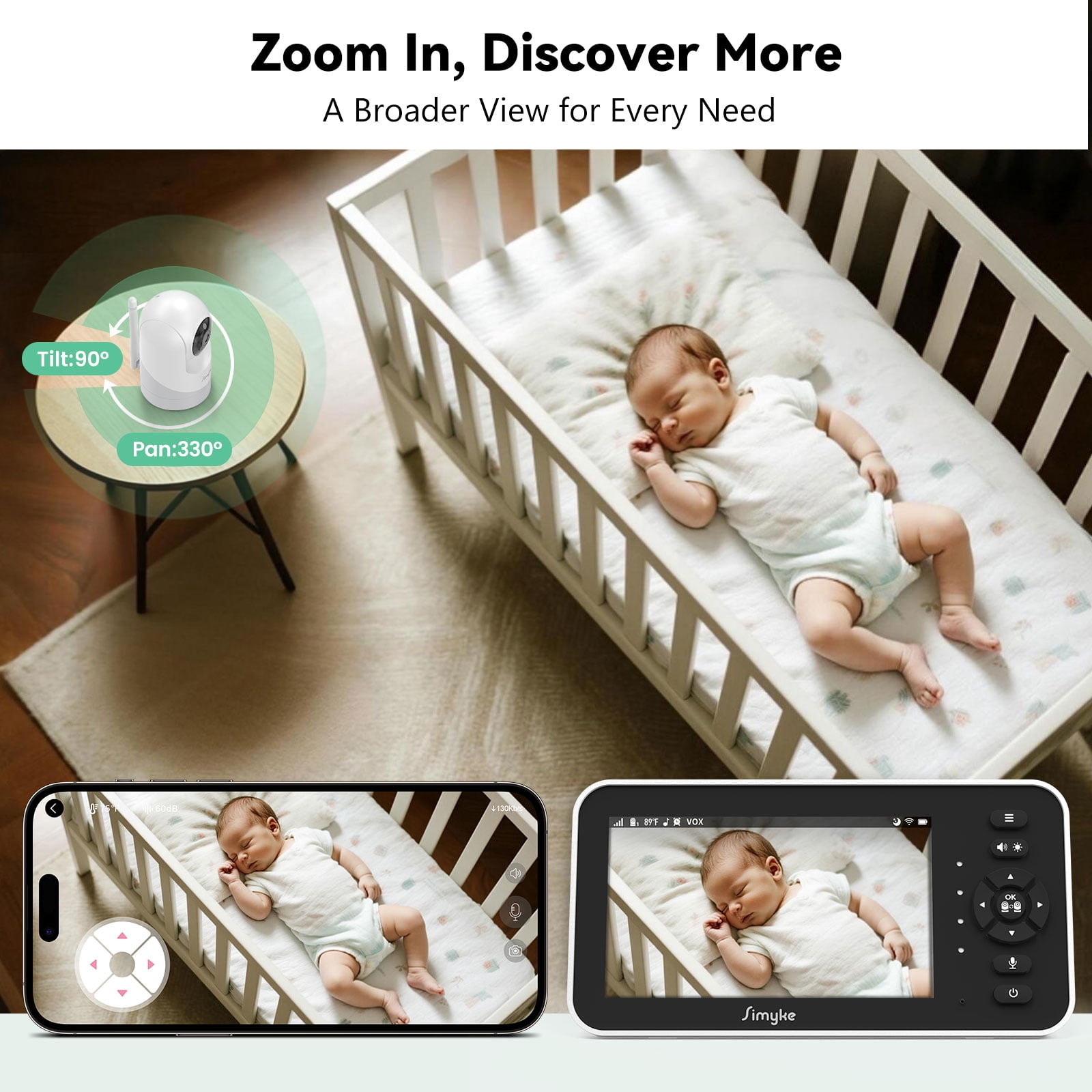Simyke Video Baby Monitor with Camera and Audio,5'' IPS Screen,720P HD,App,Remote Pan/Tilt/Zoom Camera,Lullabies,Feeding Remind,HD Night Vision, VOX,2-Way Talk,Triple Security,1500ft Long Range