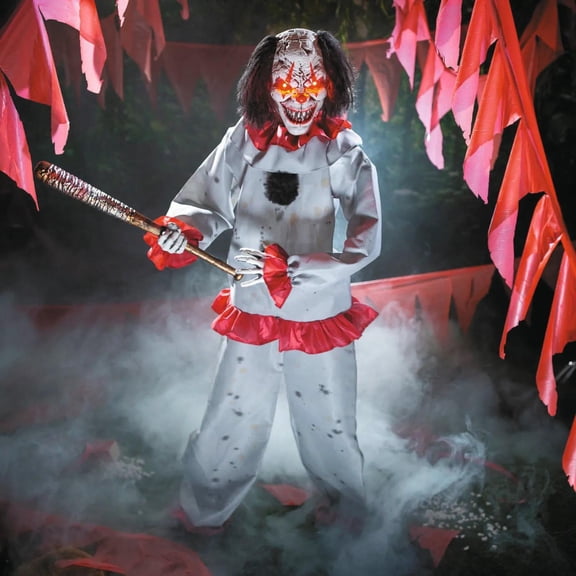 5 Ft. 8 3/4" Animated Standing Clown with Baseball Bat Halloween Decoration