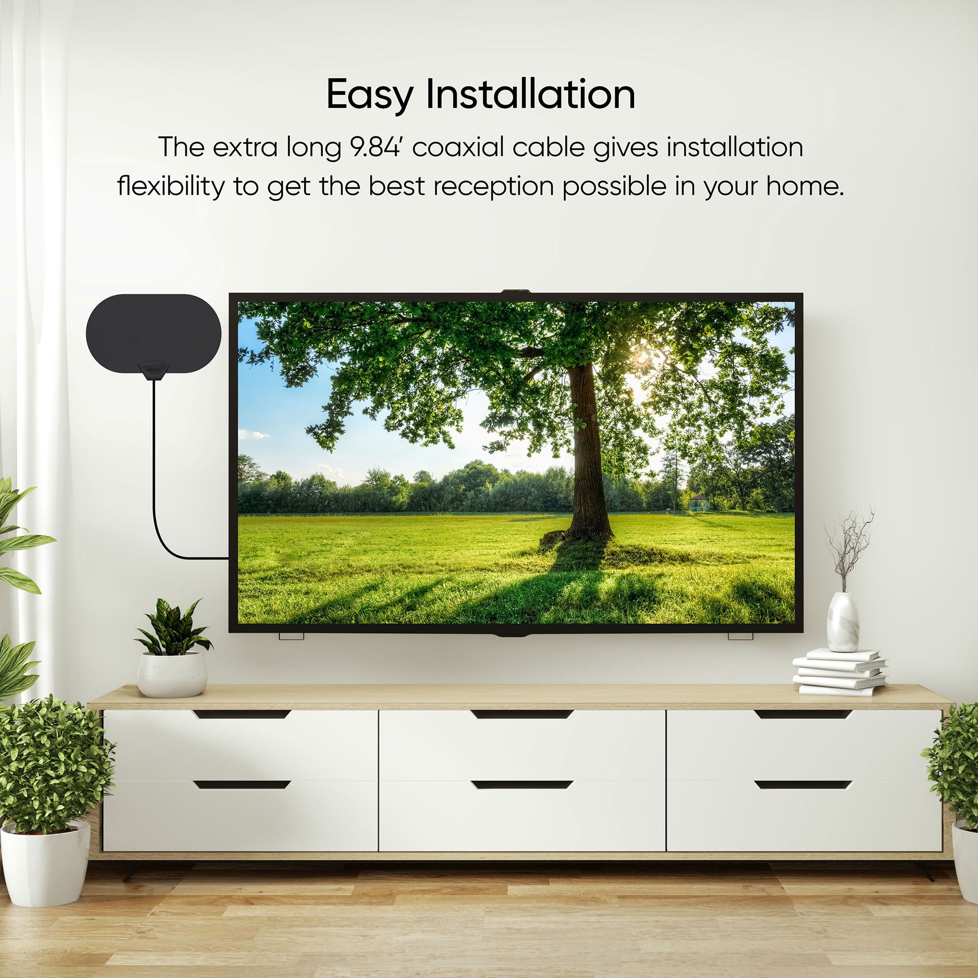 onn Outdoor TV Antenna with Mounting Pole, 85-Mile Range (Reception Varies by Location), Supports HDTV & 4K UHD
