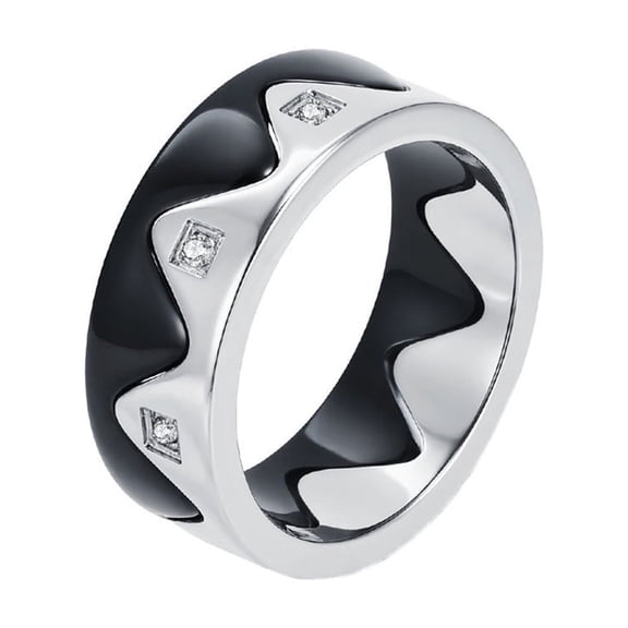 HIJONES Men's Women's Stainless Steel 2 Pcs Couple Zirconia Wave Wedding Ring Gear Polished Engagement Promise Jewelry Gift Silver Black Size 9