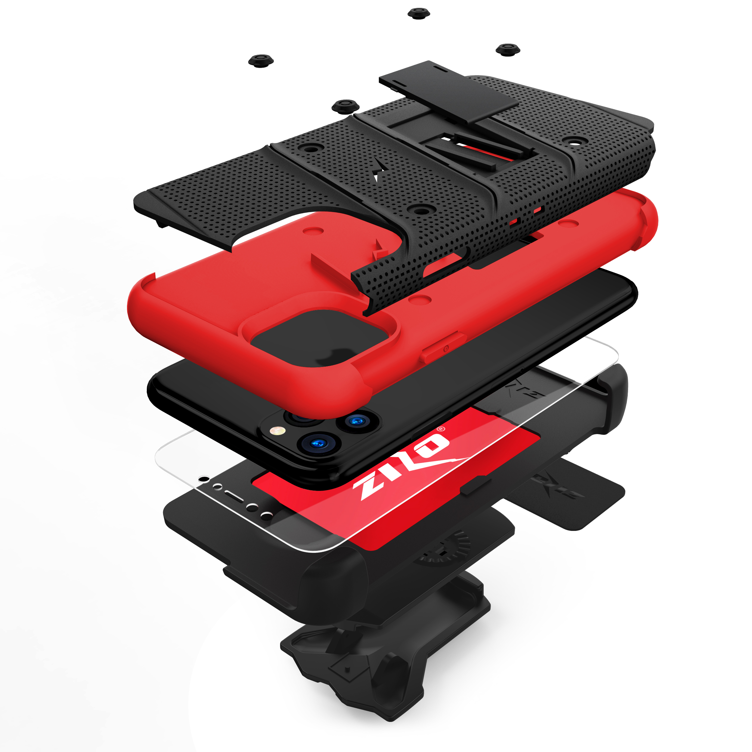 ZIZO BOLT Series iPhone 11 Pro Case - Heavy-duty Military-grade Drop Protection w/ Kickstand Included Belt Clip Holster Tempered Glass Lanyard - Black / Red