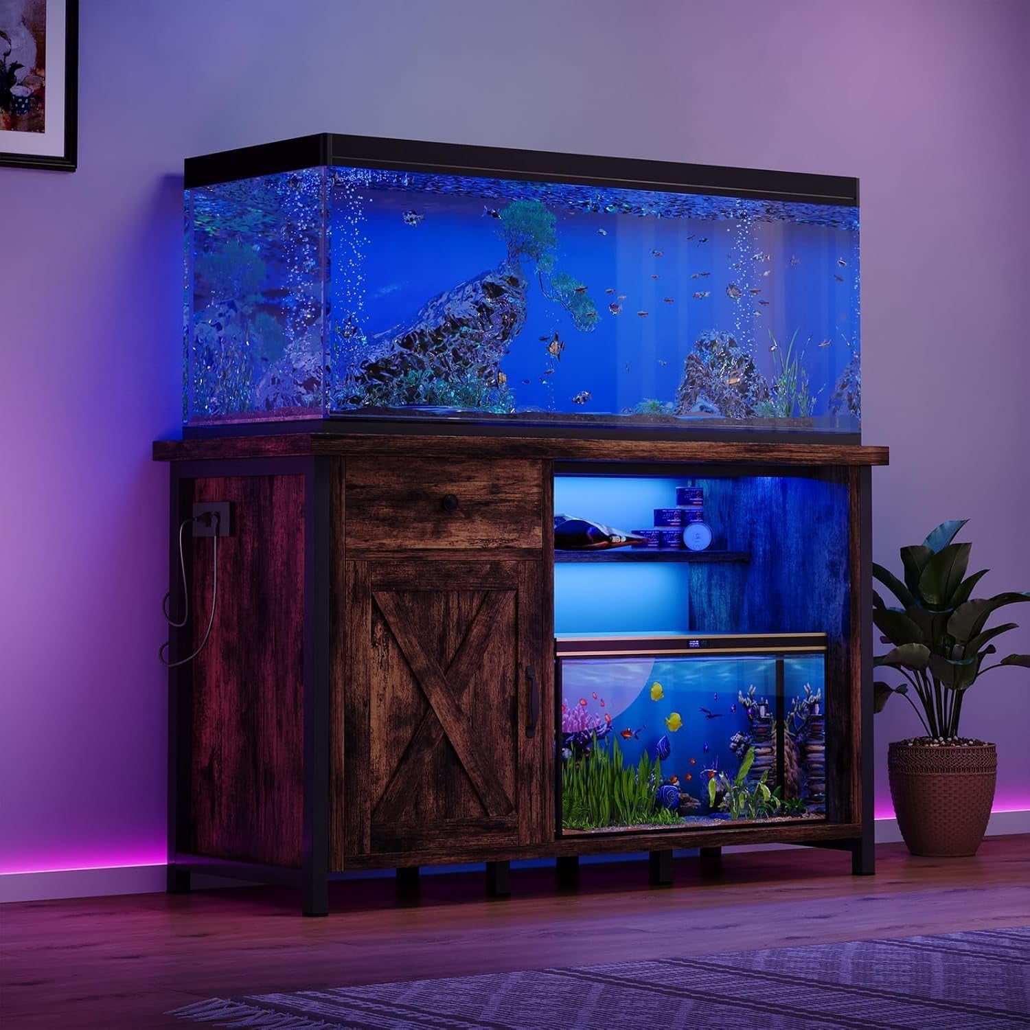 DreamCurship 55-75 Gallon Aquarium Stand with Storage Cabinet & Power Outlets LED Light, Fish Tank Stand with Drawer & Barn Door, Suitable for Fish Tank Stand, Turtle Tank, Reptile Terrarium, Brown