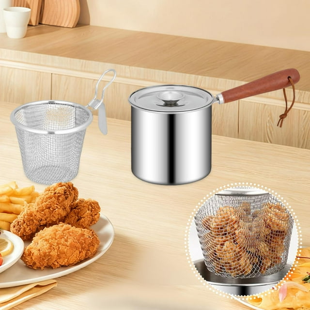 Elodie Deep Fryer Pot with Strainer Basket Frying Pot Versatile Accessory Sturdy Durability Cooking Tool Stainless Steel with Handle Style A