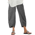 thumbnail image 2 of Mifsaly Striped Linen Pants Women Smocked High Waisted Casual Summer Pant Tulip Hem Detail Lightweight Flowy Beach Vacation Boho Clothes with Pockets Black,M, 2 of 6